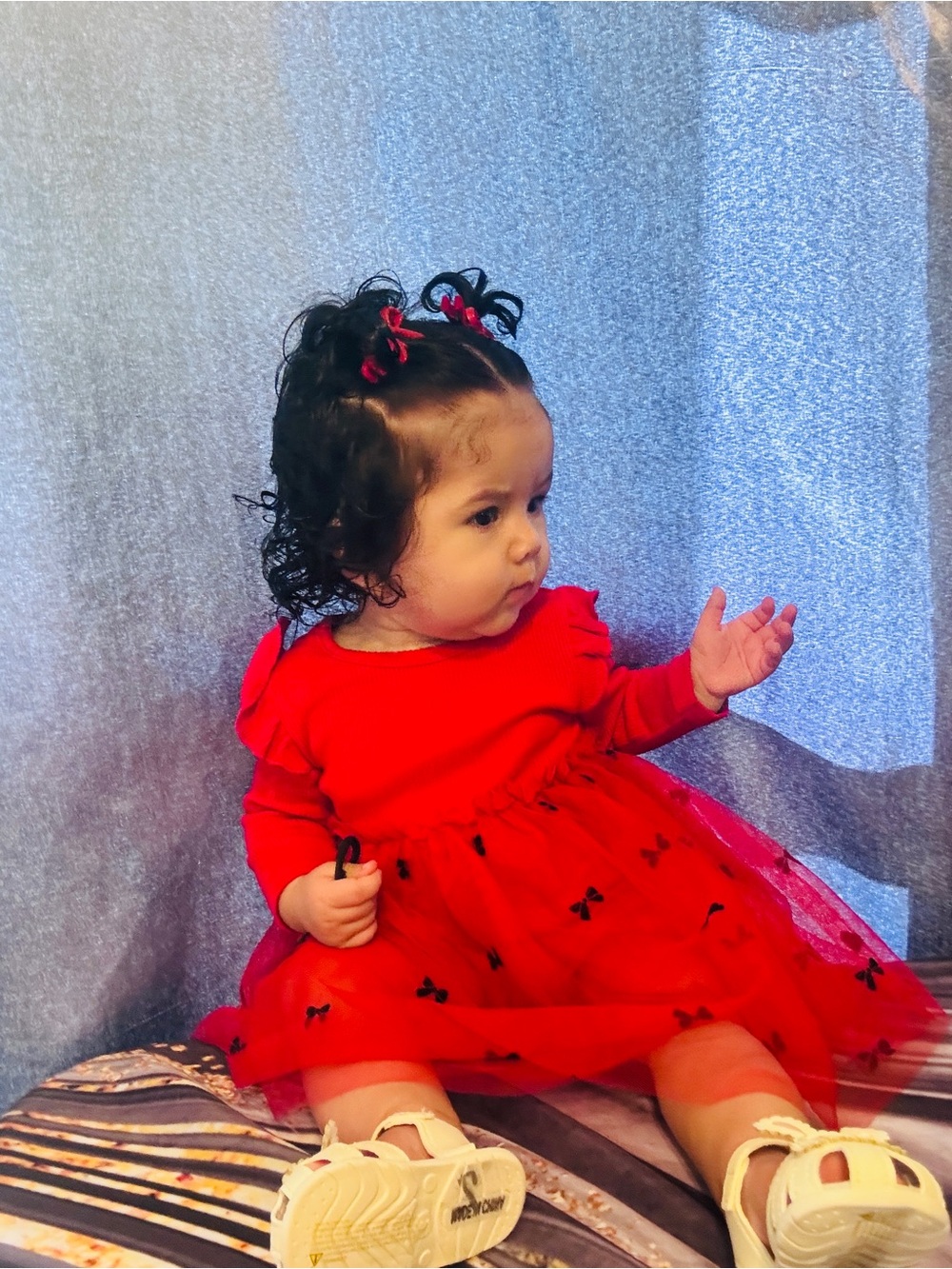 SHEIN Baby Red Tulle Dress with Black Bow Accents